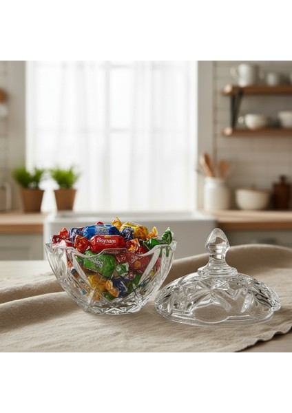 Lora Kristal Desen Kapaklı Parlak Cam Şekerlik 14X12 cm modelleri