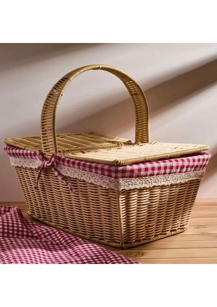 Kırmızı Ekoseli Kapaklı Hasır Piknik Sepeti