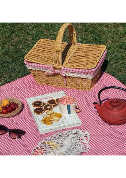 Kırmızı Ekoseli Kapaklı Hasır Piknik Sepeti fiyatları