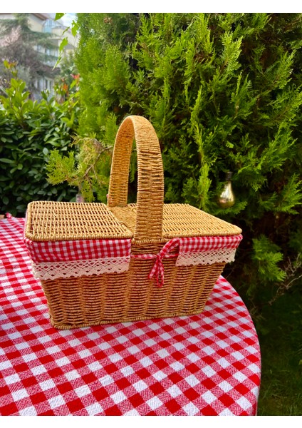 Kırmızı Ekoseli Kapaklı Hasır Piknik Sepeti modelleri