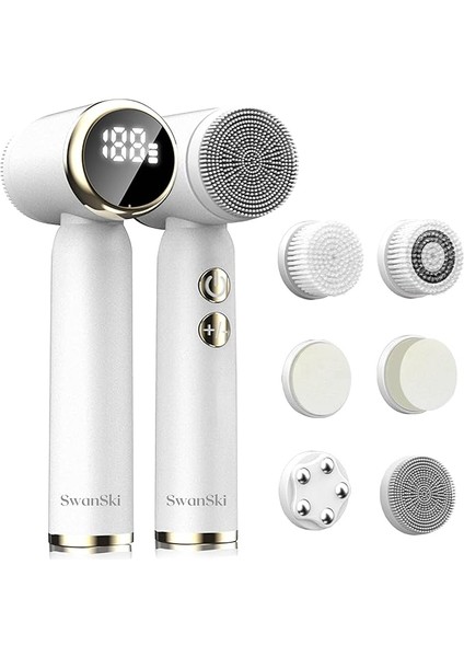 Elektrikli Yüz Temizleyici - 3 Eksfoliye Edici Fırça Başlığı, 3 Hız Seviyesi, LCD Ekran, Su Geçirmez, Şarj Edilebilir - Yüz Temizleyici (Beyaz)