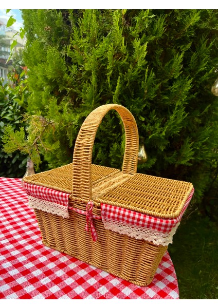 Kırmızı Ekoseli Kapaklı Hasır Piknik Sepeti fırsatları