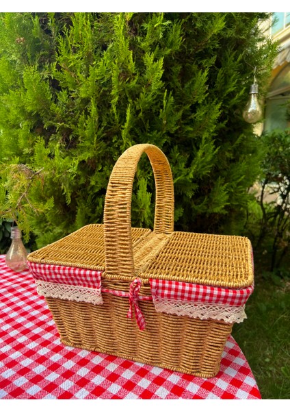 Kırmızı Ekoseli Kapaklı Hasır Piknik Sepeti indirimleri