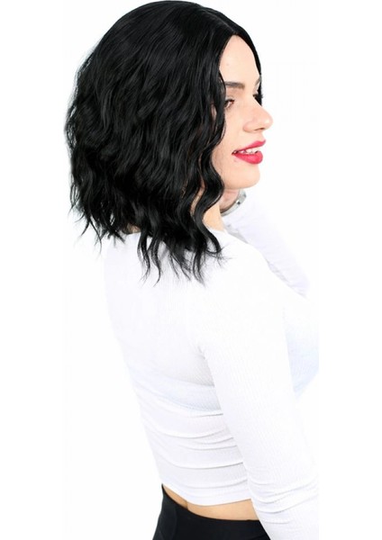 Fiber Sentetik Kısa Dalgalı Perçemsiz Peruk - Siyah fırsatları