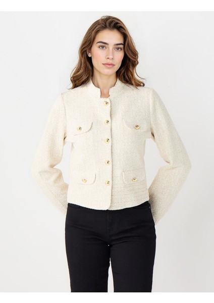 Ekru Düz Kesim Metal Düğme Detaylı Dokuma Ceket