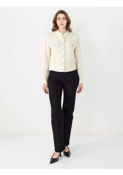Ekru Düz Kesim Metal Düğme Detaylı Dokuma Ceket fiyatları