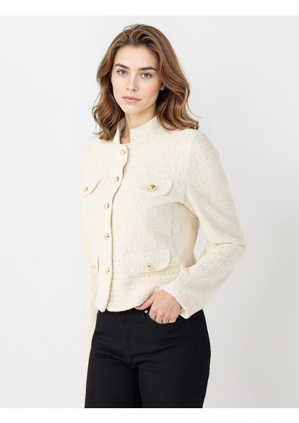 Ekru Düz Kesim Metal Düğme Detaylı Dokuma Ceket modelleri