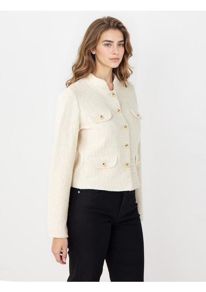 Ekru Düz Kesim Metal Düğme Detaylı Dokuma Ceket fırsatları