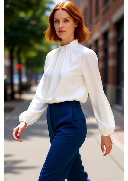 Kadın Dik Yaka Balon Kol Dokuma Bluz Şıklık ve Konfor Bir Arada Kaliteli Şık Rahat Modern Zarif