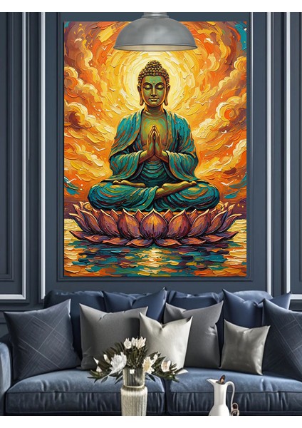 Huzurlu Oturan Altın Rengi Buda Heykeli Dekoratif Kanvas - Mdf Ahşap Tablo