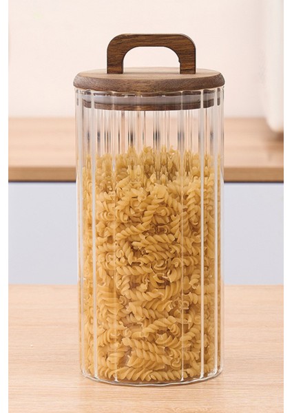 Borosilikat Cam Optik Çizgili Akasya Kapaklı Kavanoz Zahire 3200 ml