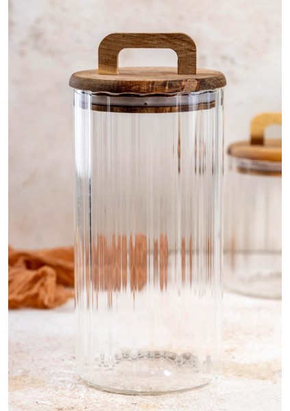 Borosilikat Cam Optik Çizgili Akasya Kapaklı Kavanoz Zahire 3200 ml modelleri