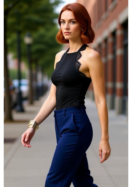 Kadın Halter Yaka Örme Üst Detaylı Dantel Kenarlı Kaliteli Şık Rahat Modern Zarif Günlük