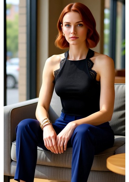 Kadın Halter Yaka Örme Üst Detaylı Dantel Kenarlı Kaliteli Şık Rahat Modern Zarif Günlük fiyatları