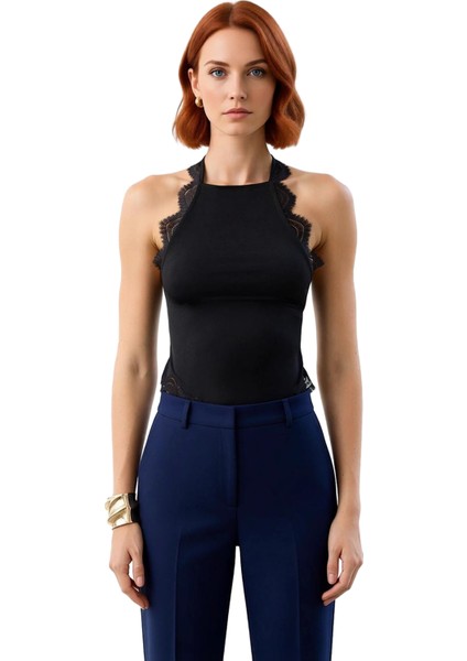 Kadın Halter Yaka Örme Üst Detaylı Dantel Kenarlı Kaliteli Şık Rahat Modern Zarif Günlük modelleri