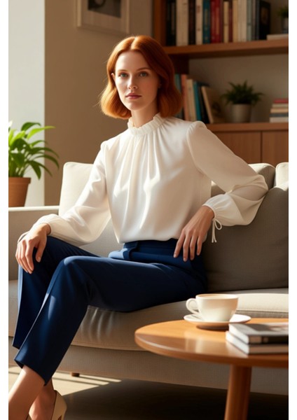 Kadın Dik Yaka Balon Kol Dokuma Bluz Şıklık ve Konfor Bir Arada Kaliteli Şık Rahat Modern Zarif fiyatları