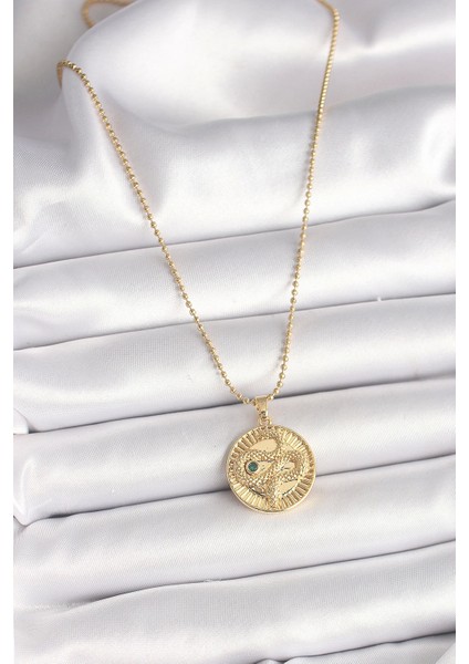 Bfs 316L Çelik Gold Renk Topçuk Zincir Yılan Işlemeli Zirkon Taş Detaylı Madalyon Model Kadı fiyatları