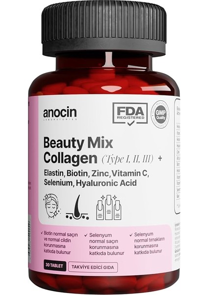 Beauty Mix Collagen Tip I,ıı,ııı +Elastin,biotin,zinc, Vitamin C, Selenyum, Hyaluronic Acid, Kolajen