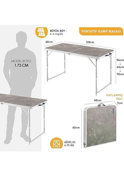 Portatif Kamp Masası, 3 Yükseklik Ayarlı, Katlanır Piknik Masası, Kolay Taşınabilir Alüminyum Masa - 120X60 - Mermer Desenli modelleri