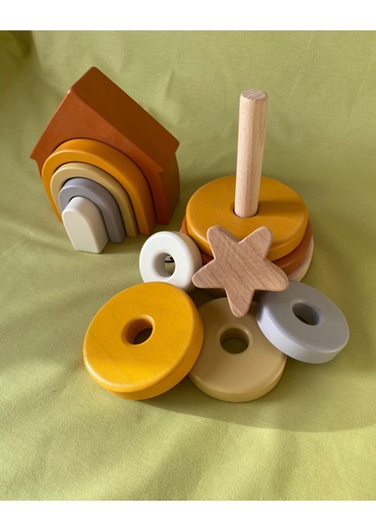 Waldorf Gökkuşağı Ev ve Ahşap Yıldız Kule Renkli Doğal Ahşap Eğitici Bebek Çocuk Oyuncak Seti fiyatları