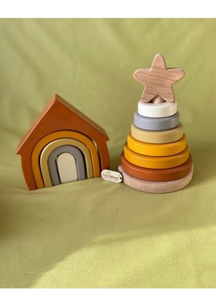 Waldorf Gökkuşağı Ev ve Ahşap Yıldız Kule Renkli Doğal Ahşap Eğitici Bebek Çocuk Oyuncak Seti modelleri