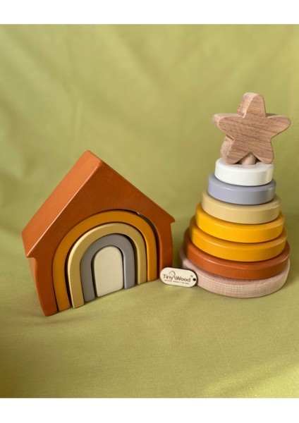 Waldorf Gökkuşağı Ev ve Ahşap Yıldız Kule Renkli Doğal Ahşap Eğitici Bebek Çocuk Oyuncak Seti fırsatları