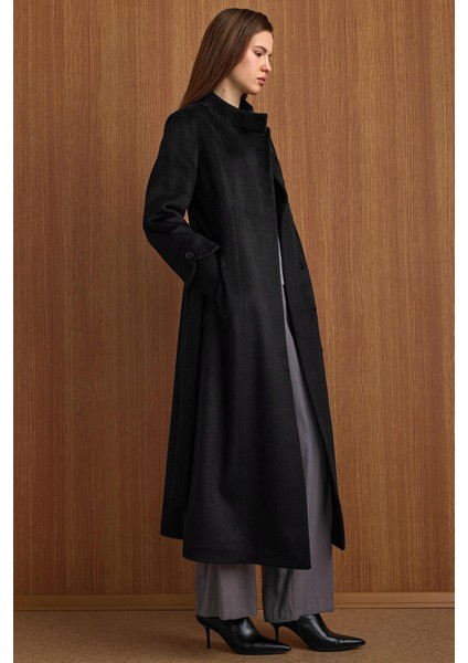 Hakim Yaka Ribana Detaylı Uzun Moher Kaban Siyah 3160