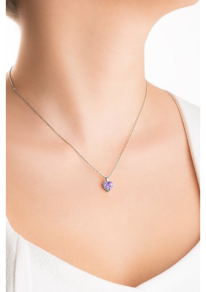 Kalp Gümüş Kolye 18 Ayar Beyaz Altın Kaplama Zirkon Taşlı 45 cm Kadınlar İçin fiyatları