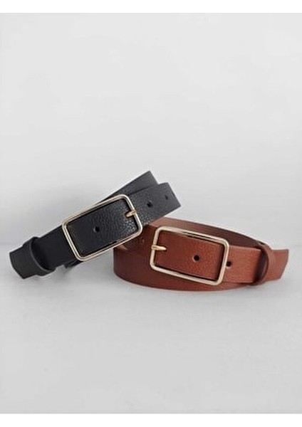 Hakiki Deri Kadın Kemer 2'li Gold Tokalı Siyah ve Taba Renk fırsatları