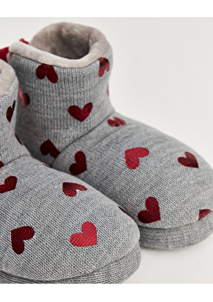 KALY Kadın Gri Kalp Desenli Panduf Tekstil Malzeme ile Konforlu Ev Kullanımı