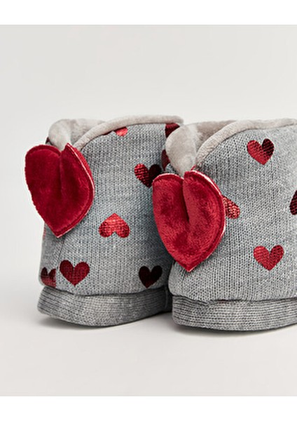 KALY Kadın Gri Kalp Desenli Panduf Tekstil Malzeme ile Konforlu Ev Kullanımı