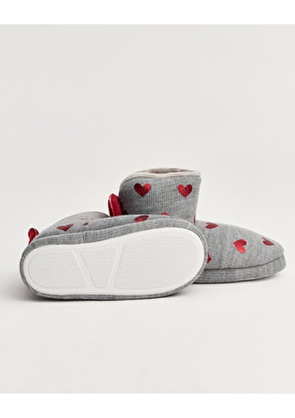 KALY Kadın Gri Kalp Desenli Panduf Tekstil Malzeme ile Konforlu Ev Kullanımı