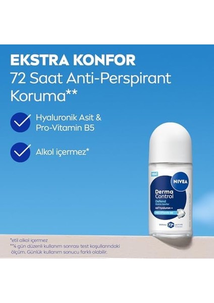 Nıvea Kadın Roll On Deodorant Derma Control Defend 50 Ml,tahrişe Karşı Koruma, 72 Saat Anti Perspirant Koruma,alkolsüz Formül,hyaluronik Asit, Provitamin B5