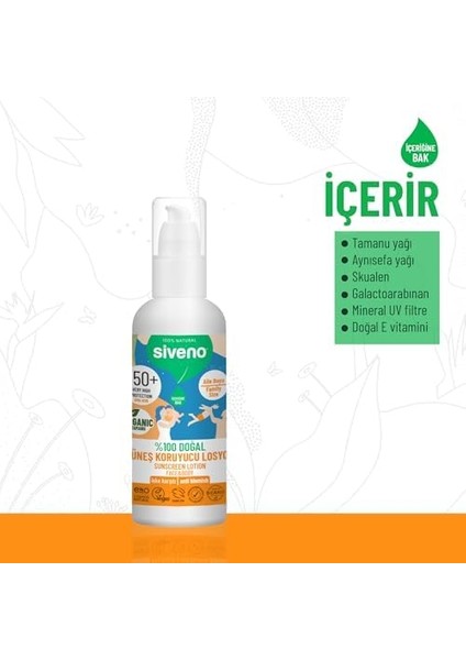 Siveno %100 Doğal ve Organik Tamanu Yağlı Güneş Losyonu Mineral Filtreli Tüm Aile Için 50 Spf 100 ml