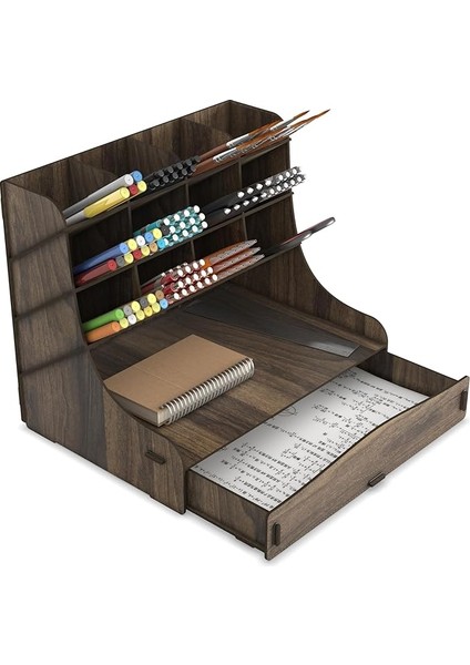 Chamber 12 Gözlü Büyük Boy Masaüstü Kalemlik Düzenleyici, Masaüstü Organizer Çekmeceli A4 Evrak Rafı (Ceviz)