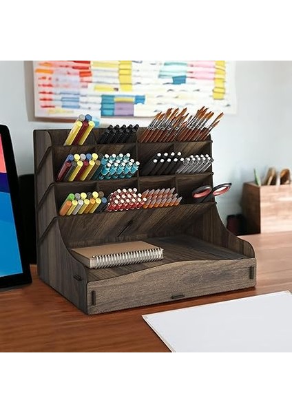 Chamber 12 Gözlü Büyük Boy Masaüstü Kalemlik Düzenleyici, Masaüstü Organizer Çekmeceli A4 Evrak Rafı (Ceviz) fırsatları