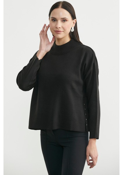 Oversize Dik Yaka Triko Kazak - Siyah