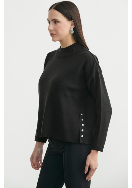 Oversize Dik Yaka Triko Kazak - Siyah fırsatları