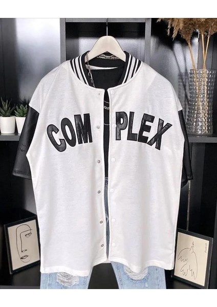 Erkek Complex Kolları Deri Kolej Oversize T-Shirt - Beyaz