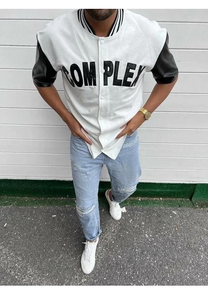 Erkek Complex Kolları Deri Kolej Oversize T-Shirt - Beyaz fiyatları