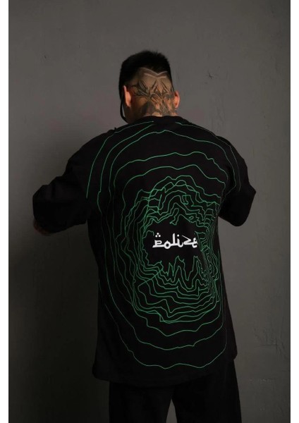 Erkek Bisiklet Yakalı Sırt Baskılı Oversize T-Shirt - Siyah
