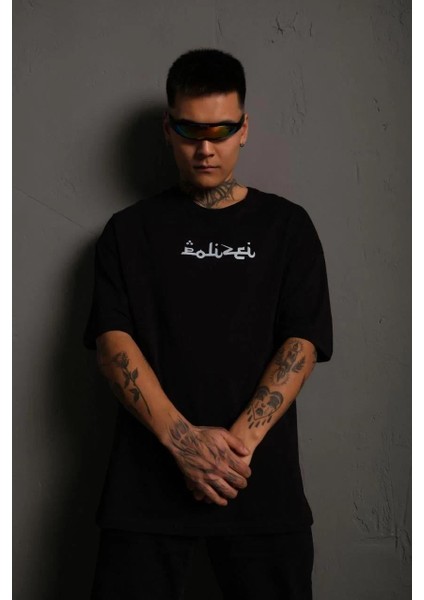 Erkek Bisiklet Yakalı Sırt Baskılı Oversize T-Shirt - Siyah fiyatları