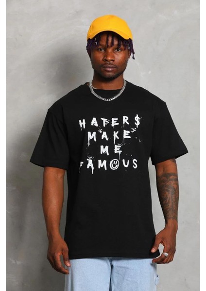 Unisex Oversize Baskılı Bisiklet Yaka T-Shirt - Siyah