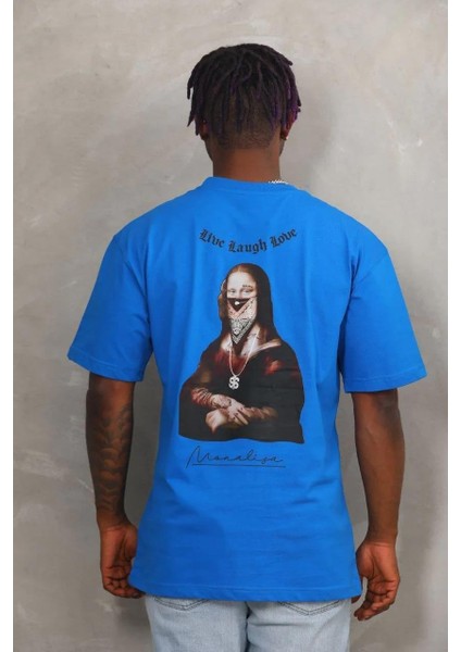 Unisex Oversize Baskılı Bisiklet Yaka T-Shirt - Mavi indirimleri