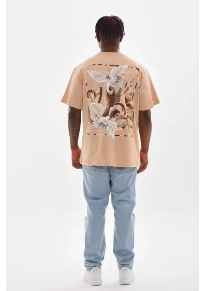 Unisex Baskılı Oversize T-Shirt - Bej fiyatları