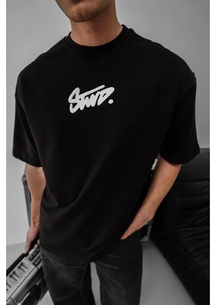 Erkek Baskılı Oversize T-Shirt - Siyah fırsatları