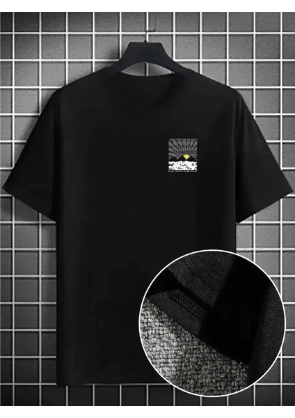Erkek Dağ Grafikli Tişört, Yaz Için Büyük Beden Rahat T-Shirt - Siyah