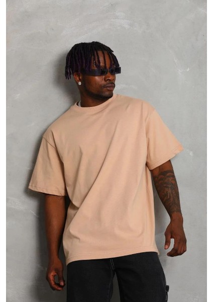 Unisex Oversize Düz Bisiklet Yaka T-Shirt - Bej fırsatları