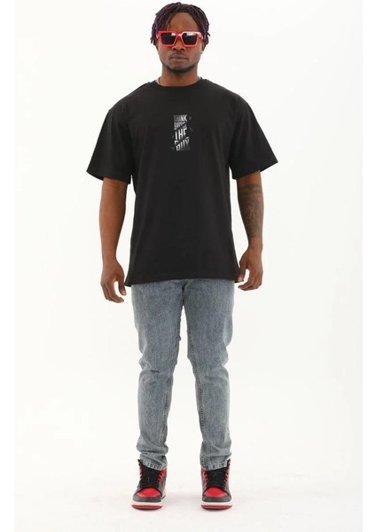 Unisex Oversize Baskılı Bisiklet Yaka T-Shirt - Siyah fırsatları