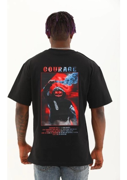 Unisex Oversize Baskılı Bisiklet Yaka T-Shirt - Siyah indirimleri